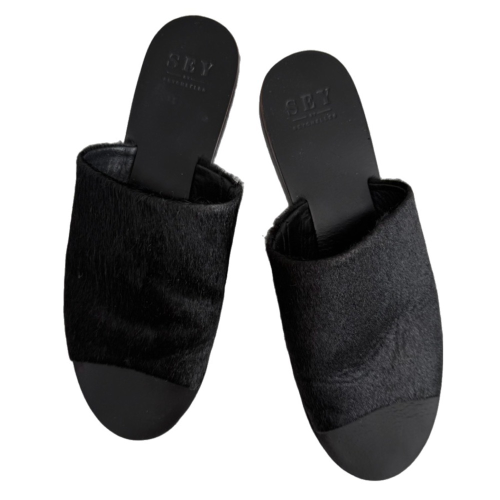 SEY by Seychelles Black Calf Hair Leather Slip on Slide Sandals size 7.5